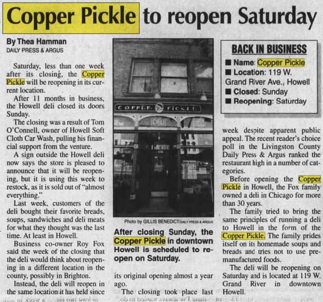 Copper Pickle (Black Iron Coffee Roasters) - Aug 2003 Re-Open After Brief Close